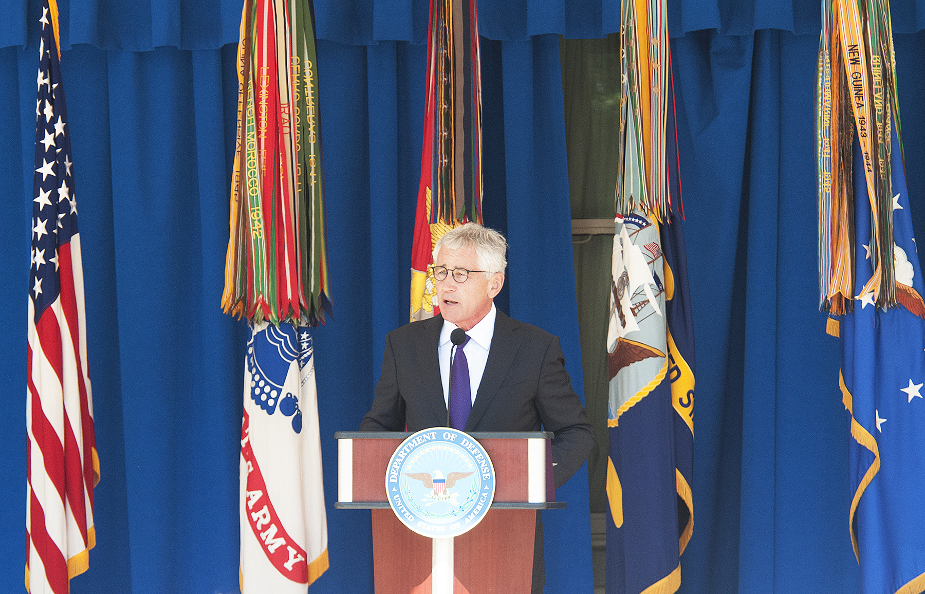 Secretary of Defense Chuck Hagel speaks at a 9/11 ceremony