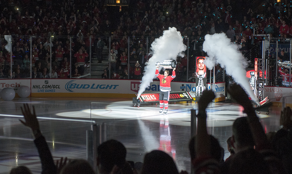 Niklas Hjalmarsson brings out Stanley Cup for banner raising ceremony