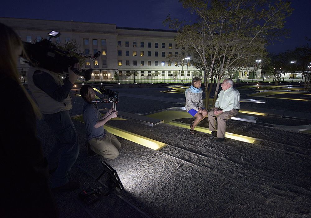 Production Company Lone Wolf Media shoots Steve Carter, assistant building operations manager and Marilyn Wills US Army retired for a Pentagon 9/11 documentary