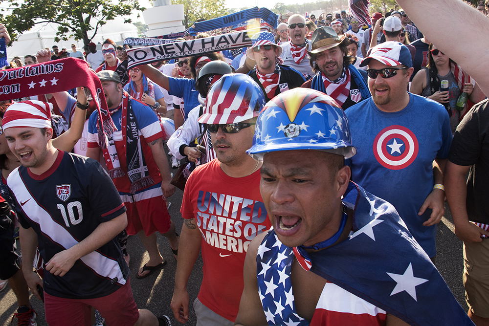 A group of American Outlaws getting ready to parade into a USMNT game