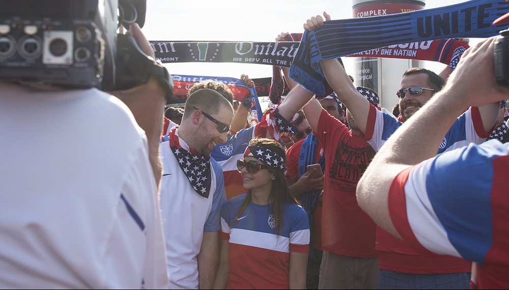 A group of American Outlaws getting ready to parade into a USMNT game