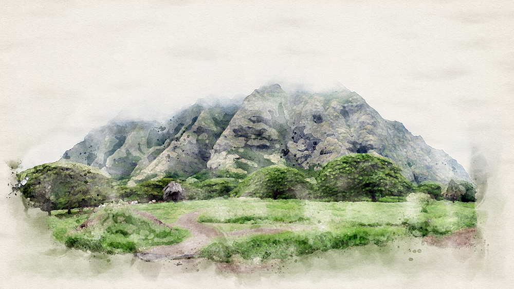 Watercolor picture of Kualoa Ranch