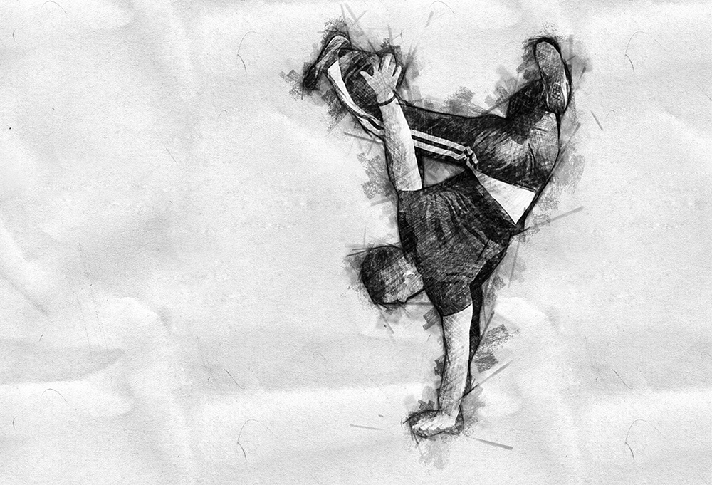 Charcoal drawing of young male doing a pike freeze breakdancing