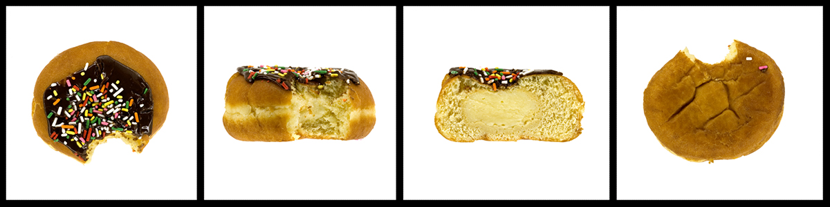 4-sided pictures taken of a boston cream filled donut