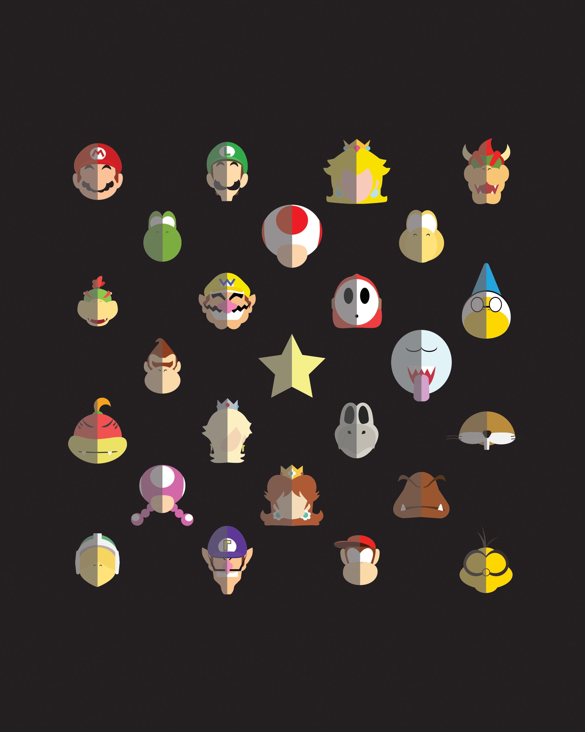 Graphic illustration of characters faces from Super Mario World games