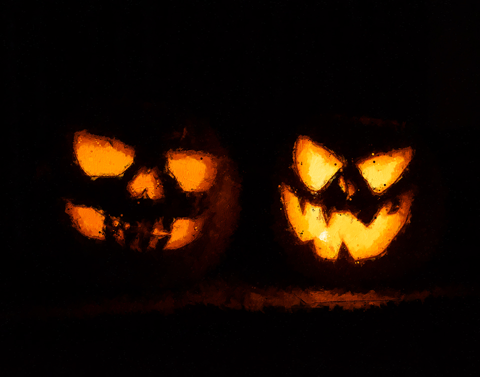 Photo illustration of two Halloween Jack-o-Lanterns