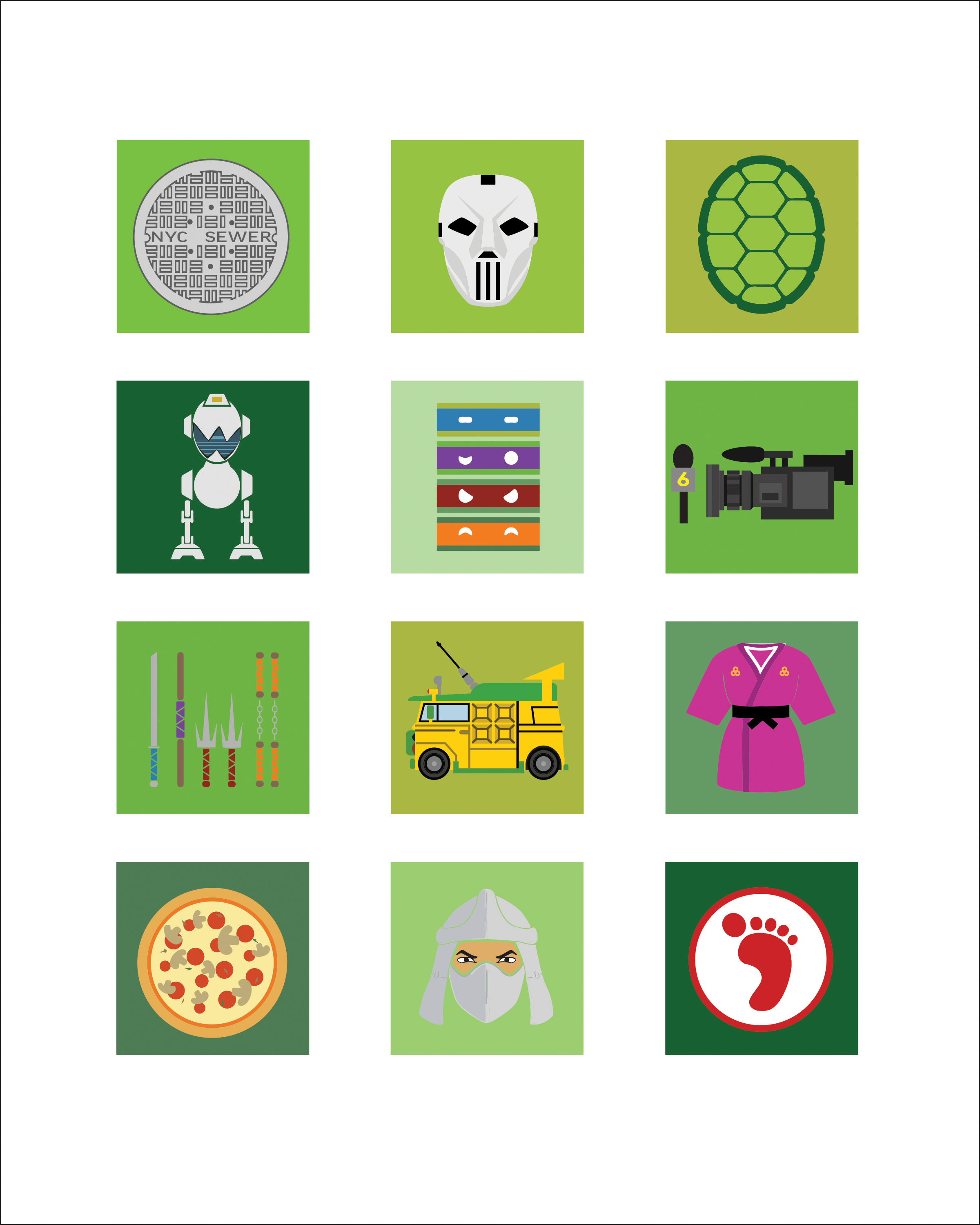Graphic illustration of Teenage Mutant Ninja Turtles icons